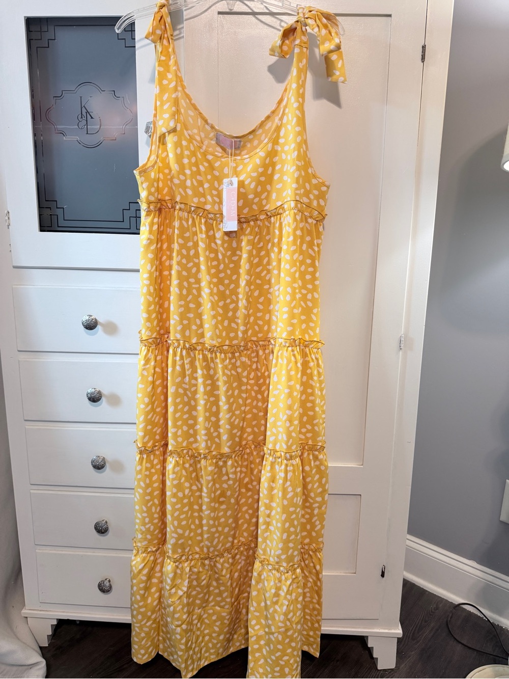 Yellow Tie-Shoulder Maxi Dress with White dots